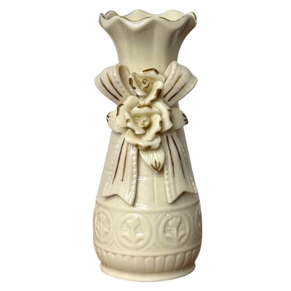 Vintage Porcelain Vase With Tulips Roses And Bow Gold Trim 7” Beautiful